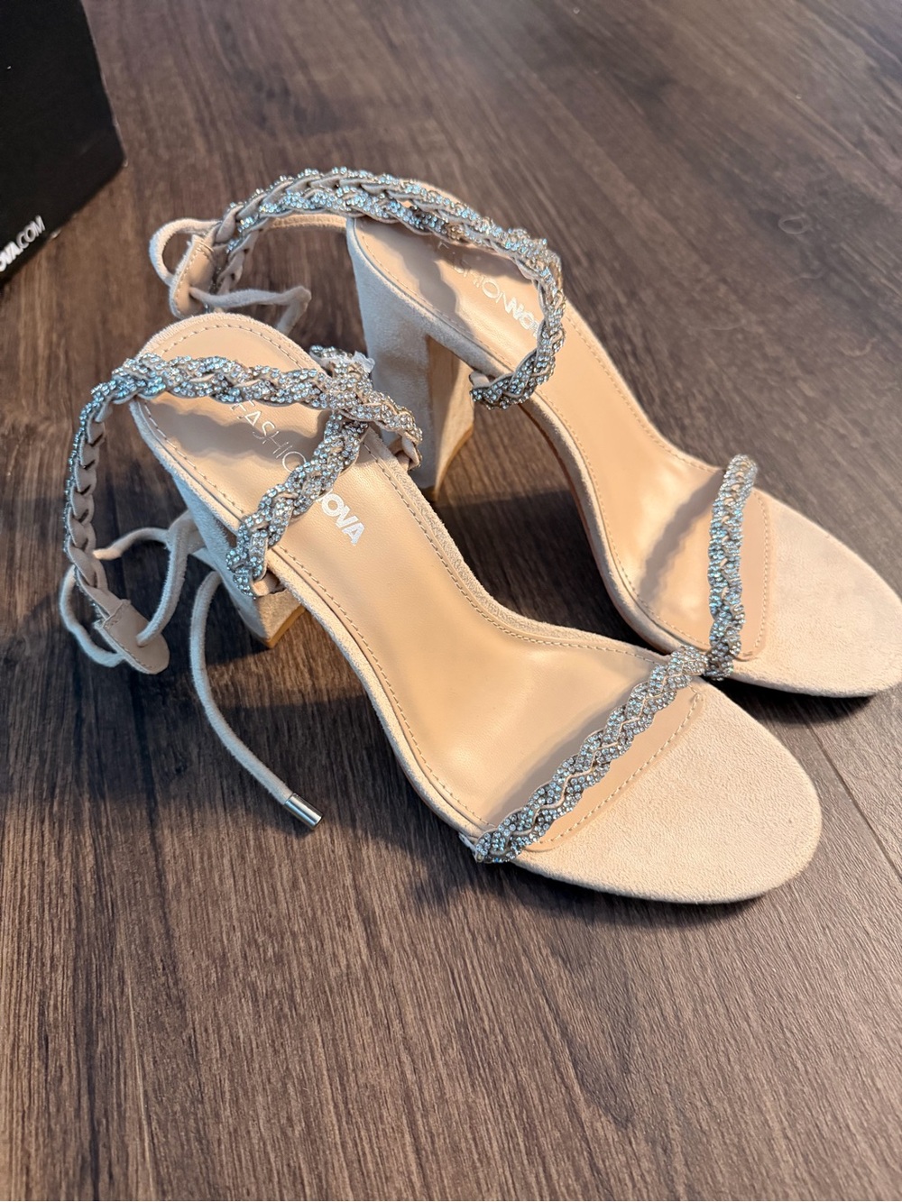 Fashion Nova Nude Braided Crystal Block Heel Sandals